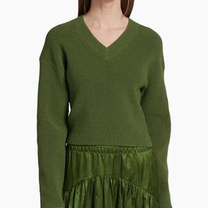 Vince Green V Neck Drop Shoulder Ribbed Knit Pullover Cotton Blend Sweater